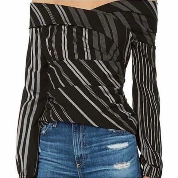 Intermix tonya black stripe off the shoulder long sleeve top size XS - Picture 2 of 9
